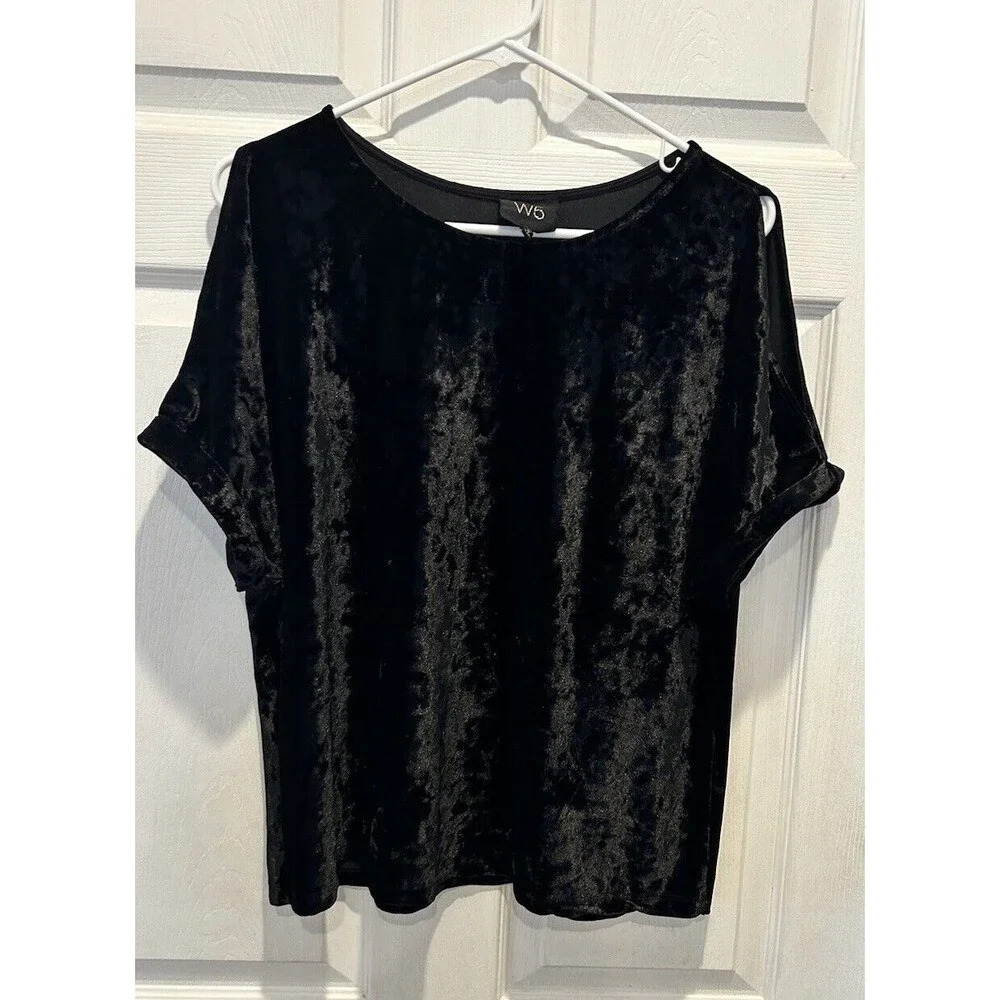 W5 Top Womens Large Black Velvet Cold Shoulder Cuffed Short Sleeves Top